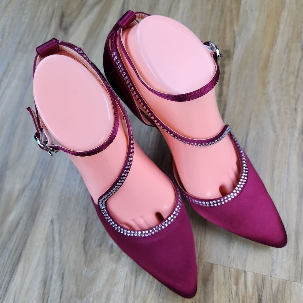 ☔️🩵Burgundy Satin & Rhinestone Buckled Ankle Strappy Heel Shoes Size 8 - Picture 2 of 15